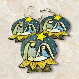 3 Piece Hand Painted Wooden Nativity Christmas Ornament Set Jesus Merry